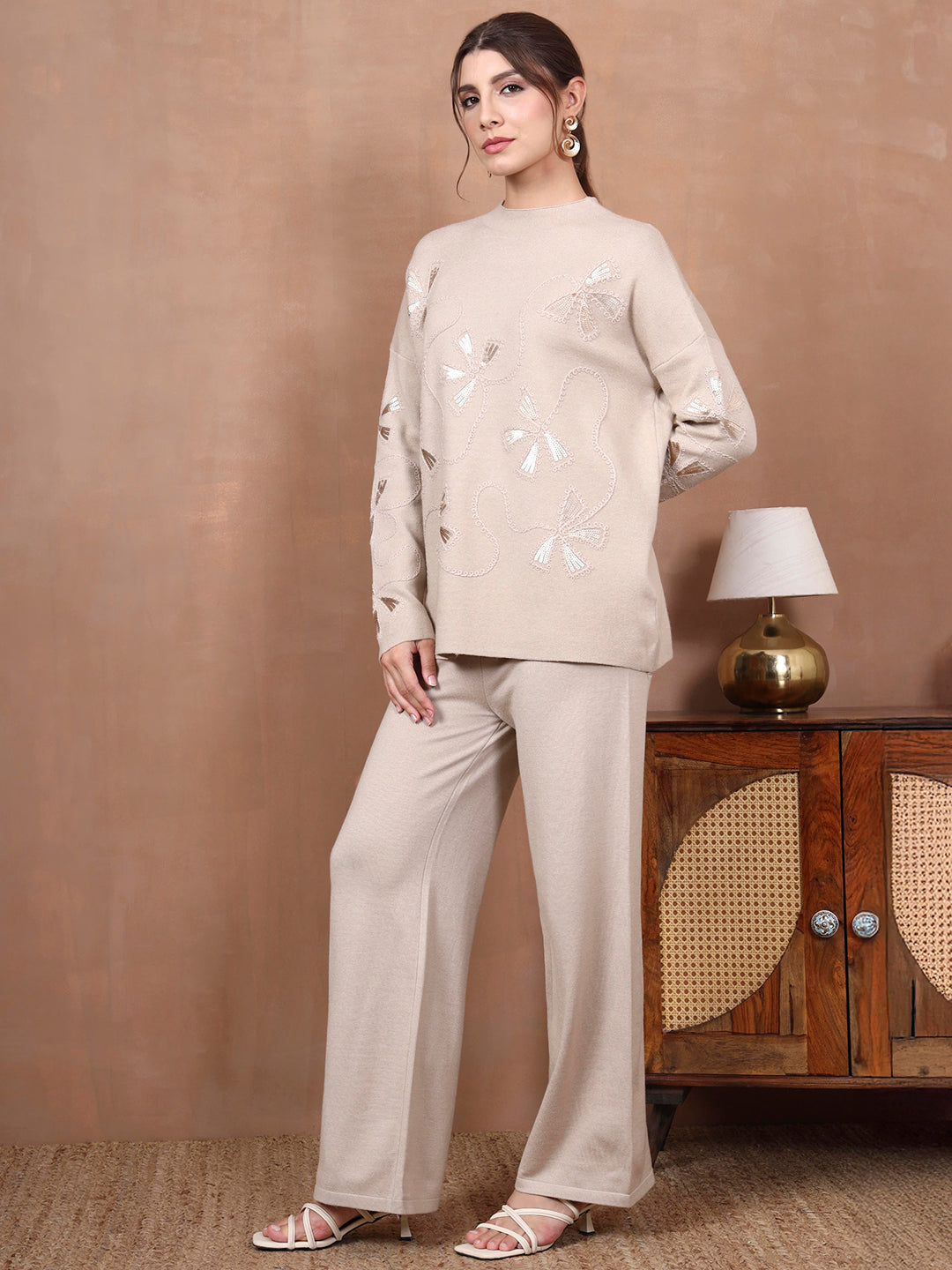 Thirty Threads Winter Wear Beige Embellished Mock Collar Long Sleeves Co-Ord Set
