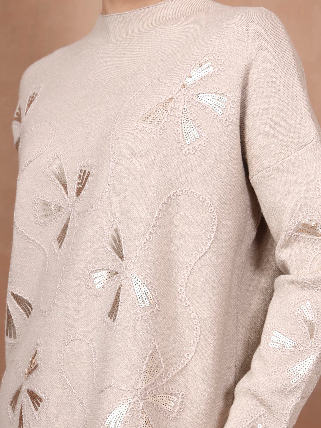 Thirty Threads Winter Wear Beige Embellished Mock Collar Long Sleeves Co-Ord Set