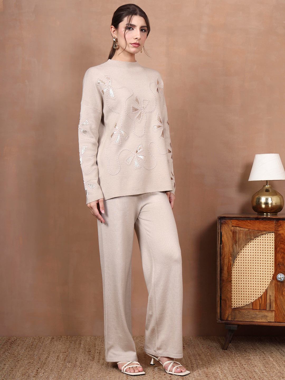 Thirty Threads Winter Wear Beige Embellished Mock Collar Long Sleeves Co-Ord Set