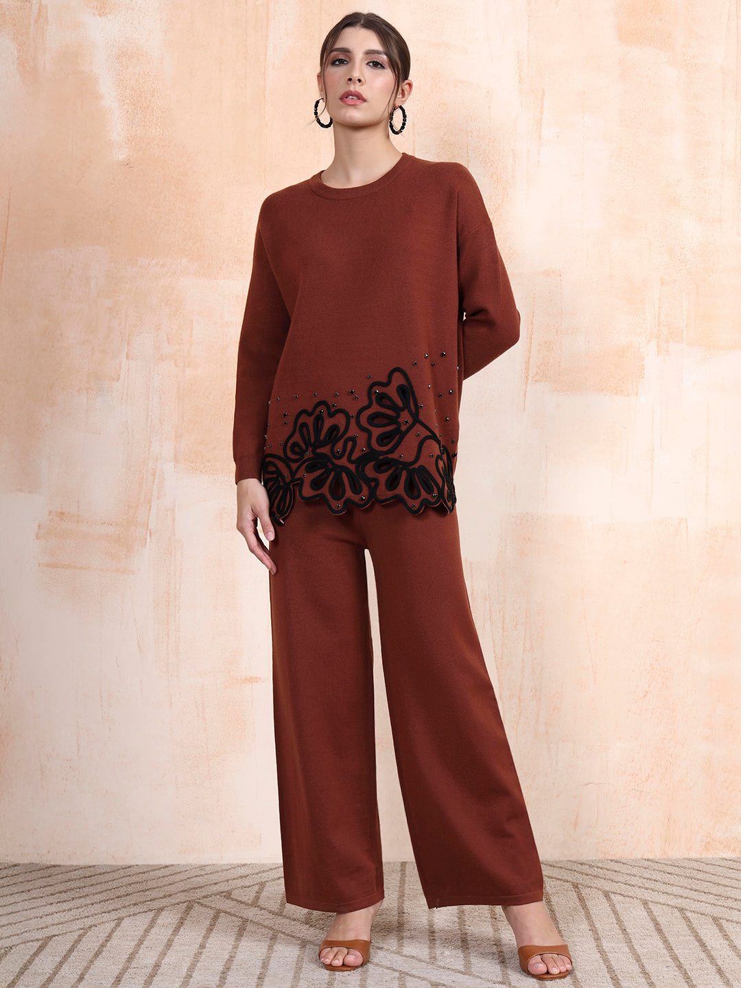 Thirty Threads Winter Wear Rust Embroidered Round Neck Long Sleeves Co-Ord Set