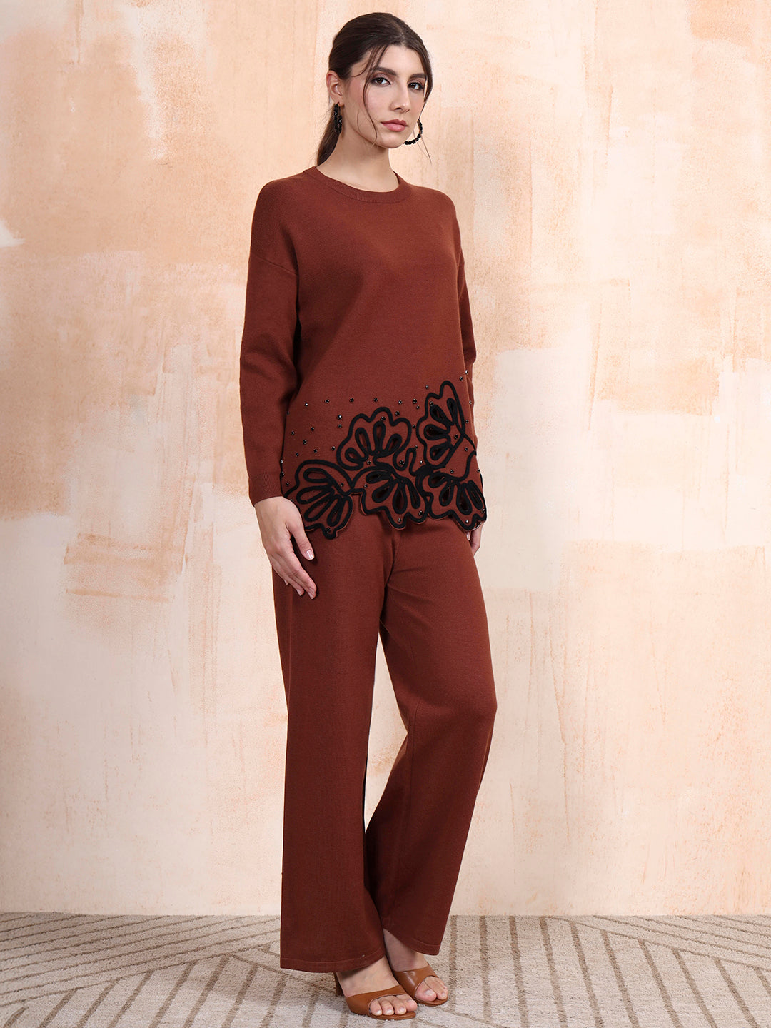 Thirty Threads Winter Wear Rust Embroidered Round Neck Long Sleeves Co-Ord Set