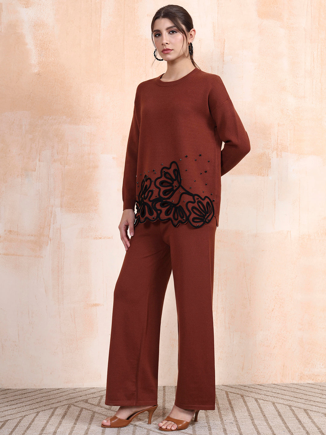 Thirty Threads Winter Wear Rust Embroidered Round Neck Long Sleeves Co-Ord Set