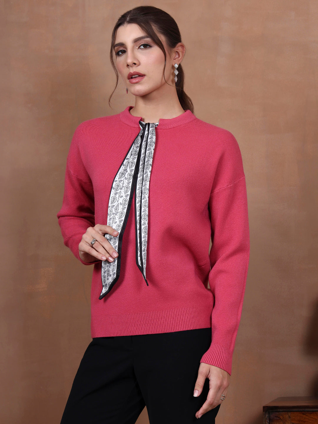 Thirty Threads Winter Wear Pink Solid Regular Long Sleeves Pullover Sweater