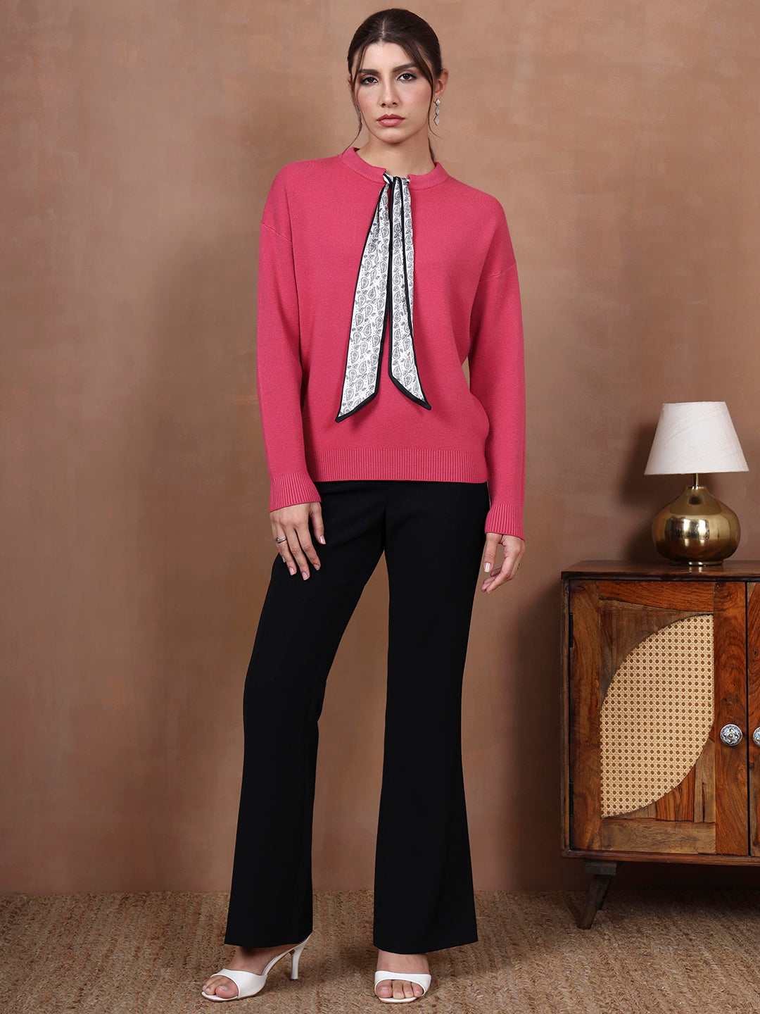 Thirty Threads Winter Wear Pink Solid Regular Long Sleeves Pullover Sweater