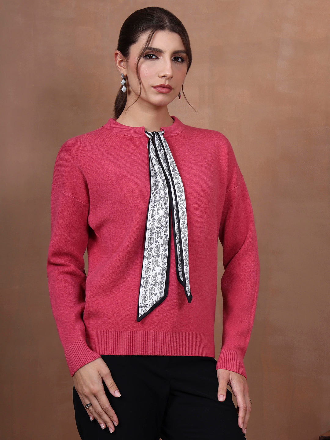 Thirty Threads Winter Wear Pink Solid Regular Long Sleeves Pullover Sweater