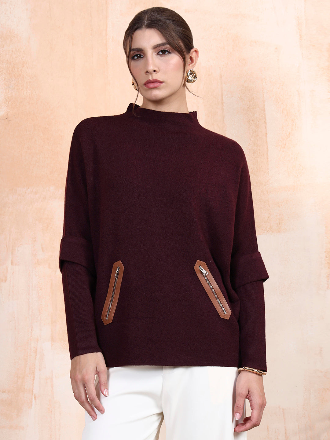 Thirty Threads Winter Wear Burgundy Solid Regular Long Sleeves Pullover Sweater