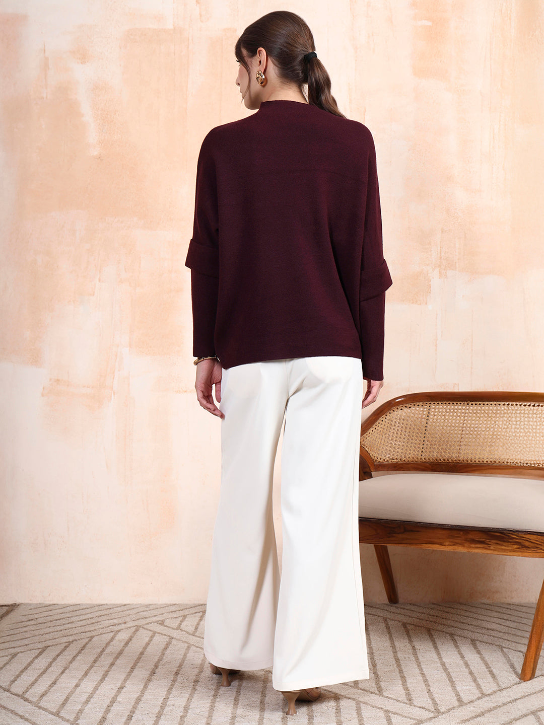 Thirty Threads Winter Wear Burgundy Solid Regular Long Sleeves Pullover Sweater