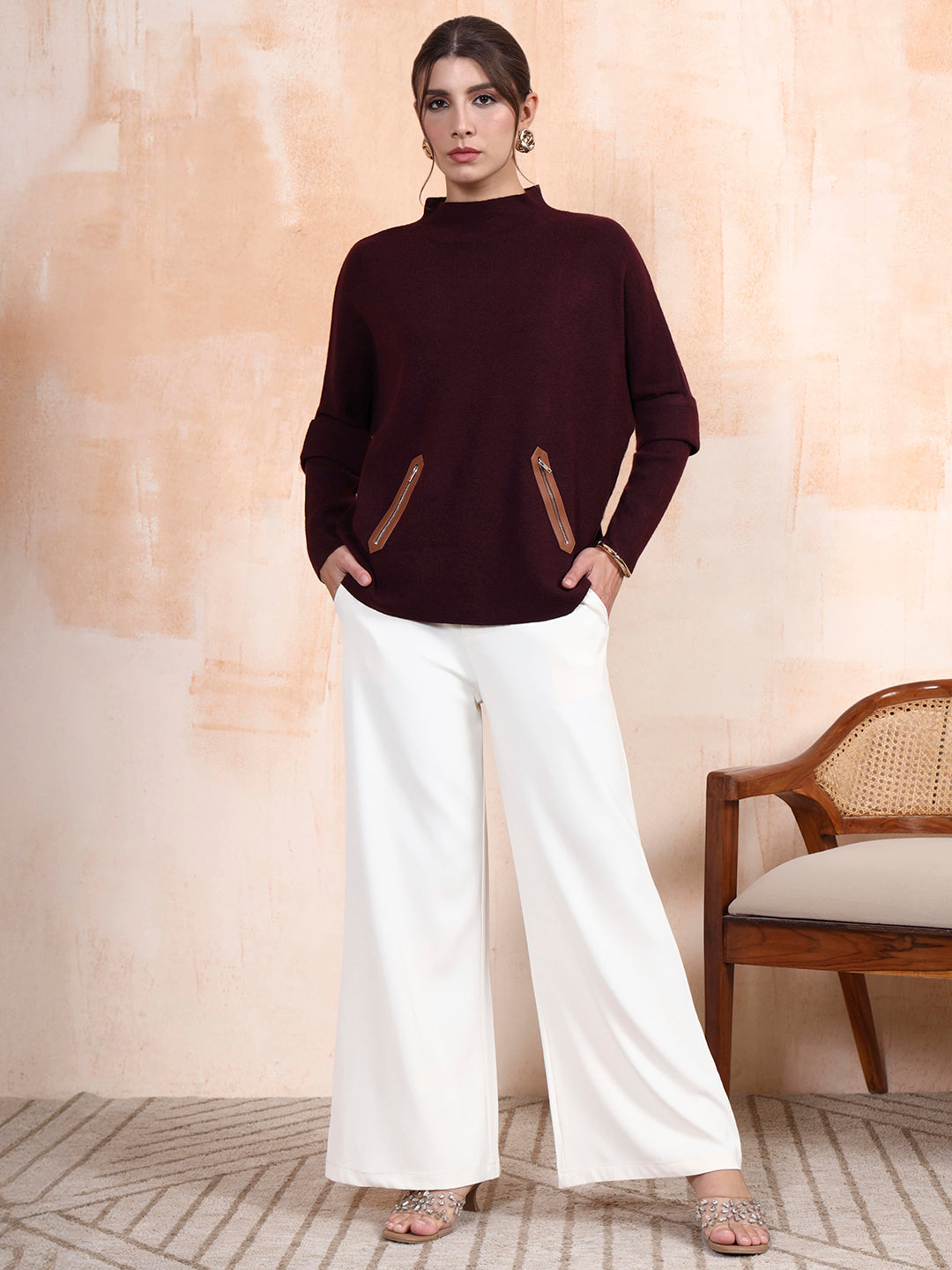 Thirty Threads Winter Wear Burgundy Solid Regular Long Sleeves Pullover Sweater
