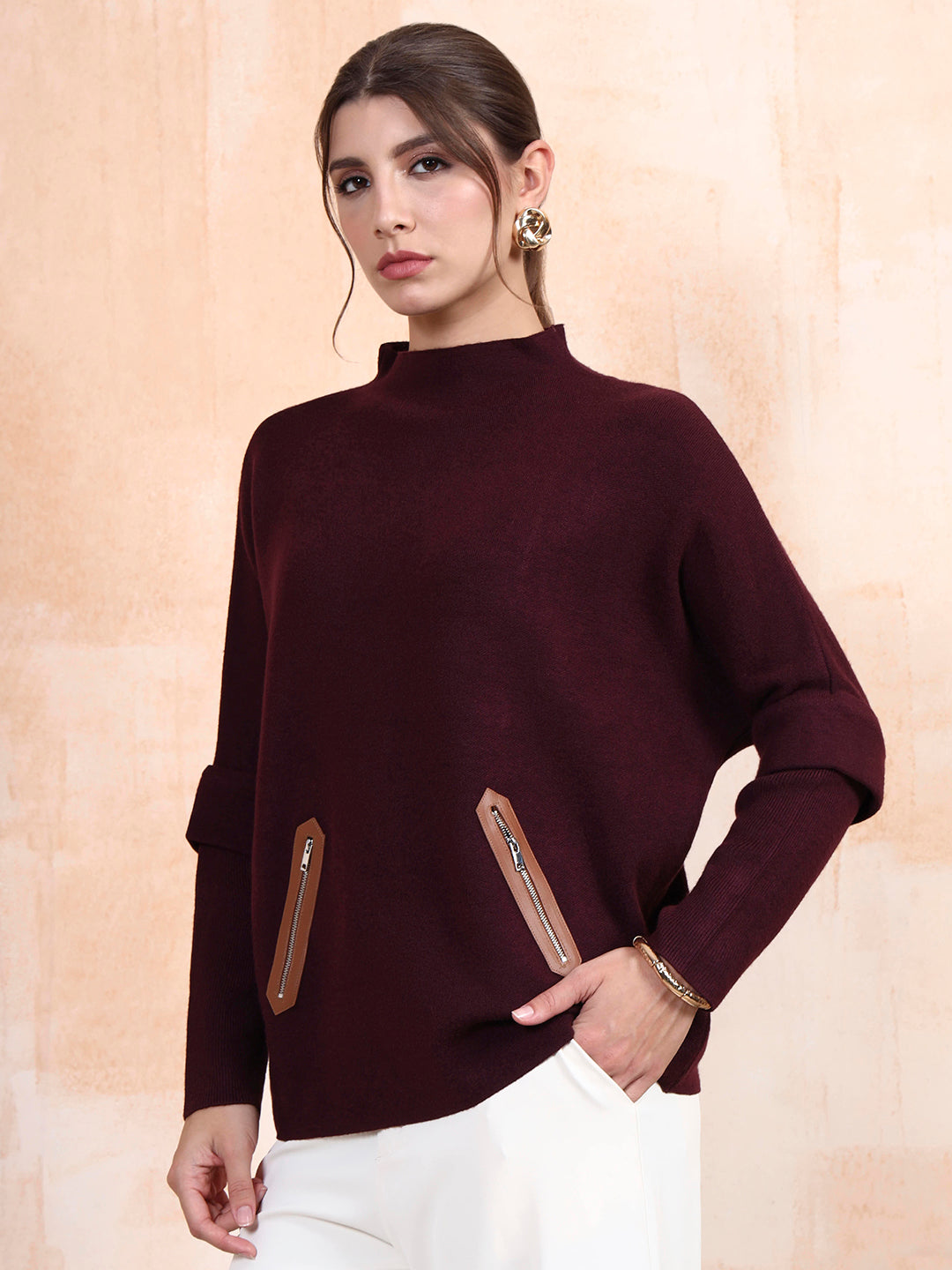 Thirty Threads Winter Wear Burgundy Solid Regular Long Sleeves Pullover Sweater