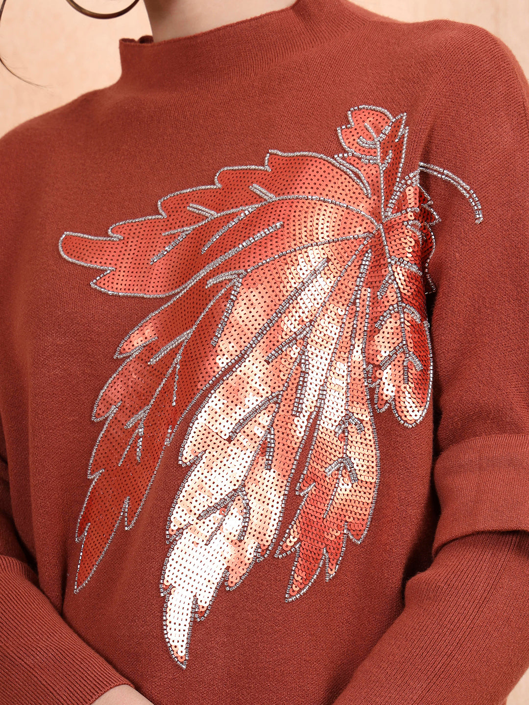 Thirty Threads Winter Wear Rust Embellished Regular Long Sleeves Pullover Sweater