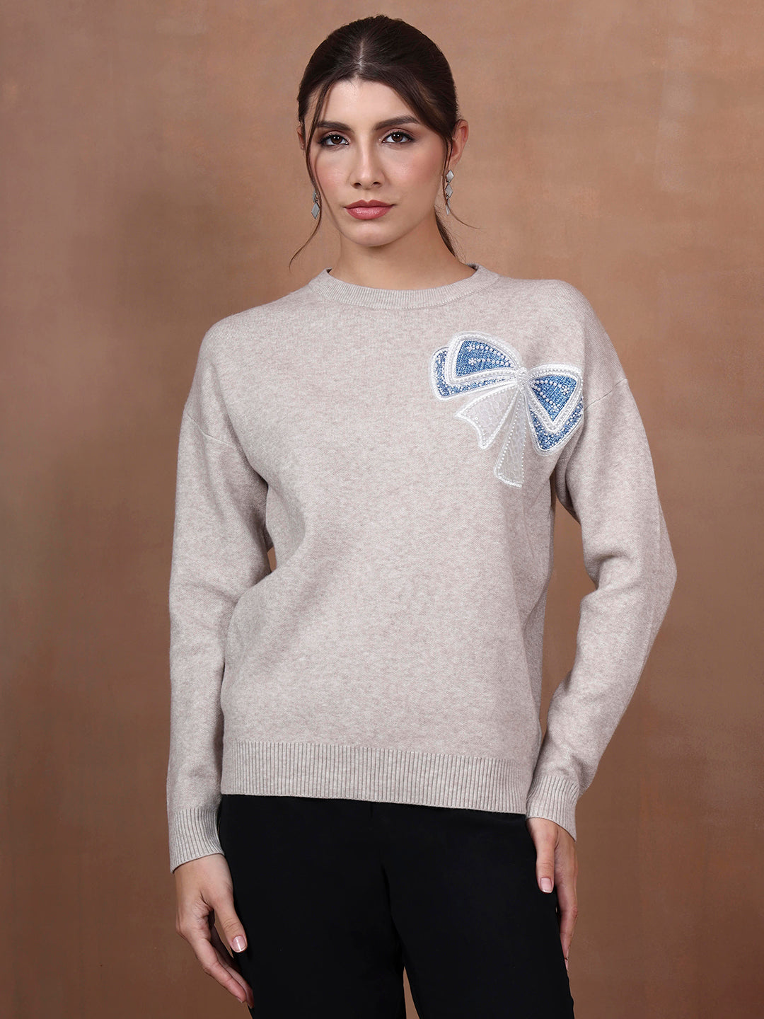 Thirty Threads Winter Wear Grey Embellished Regular Long Sleeves Pullover Sweater