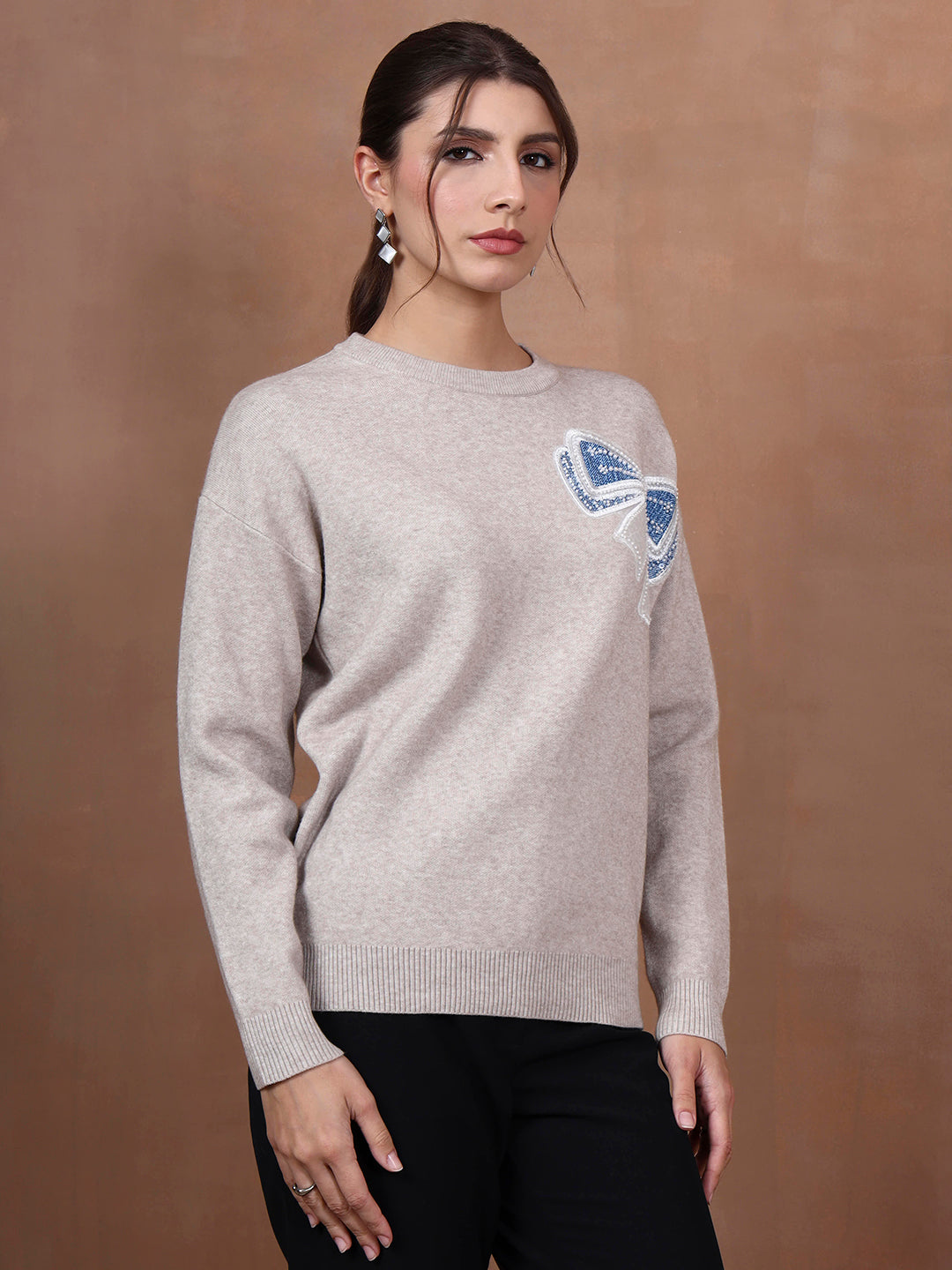 Thirty Threads Winter Wear Grey Embellished Regular Long Sleeves Pullover Sweater
