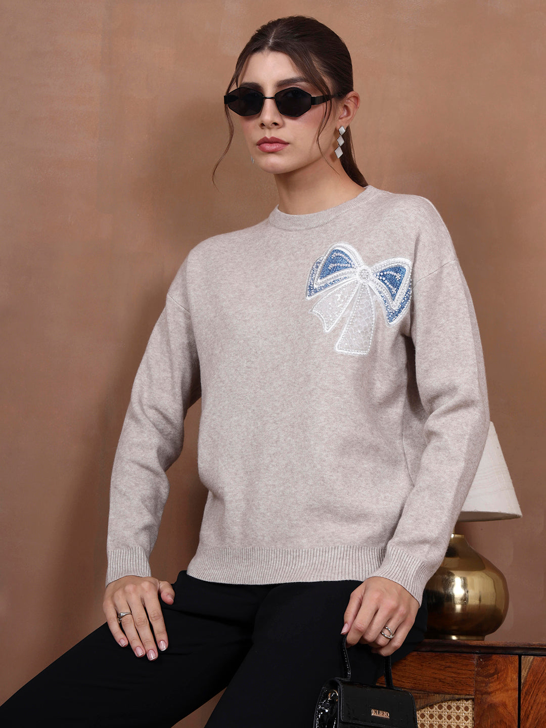 Thirty Threads Winter Wear Grey Embellished Regular Long Sleeves Pullover Sweater