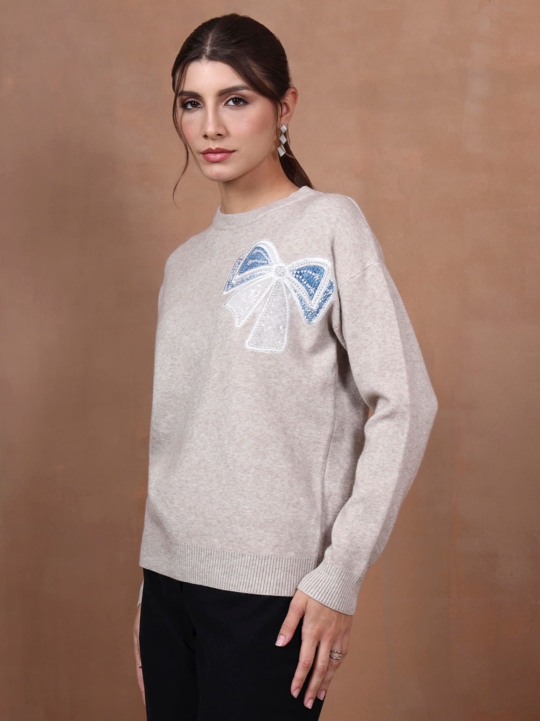 Thirty Threads Winter Wear Grey Embellished Regular Long Sleeves Pullover Sweater