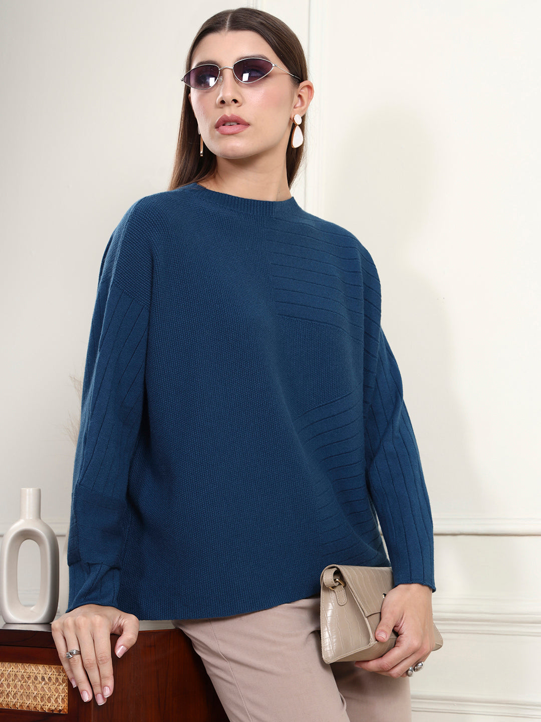 Thirty Threads Winter Wear Teal Abstract Regular Long Sleeves Pullover Sweater