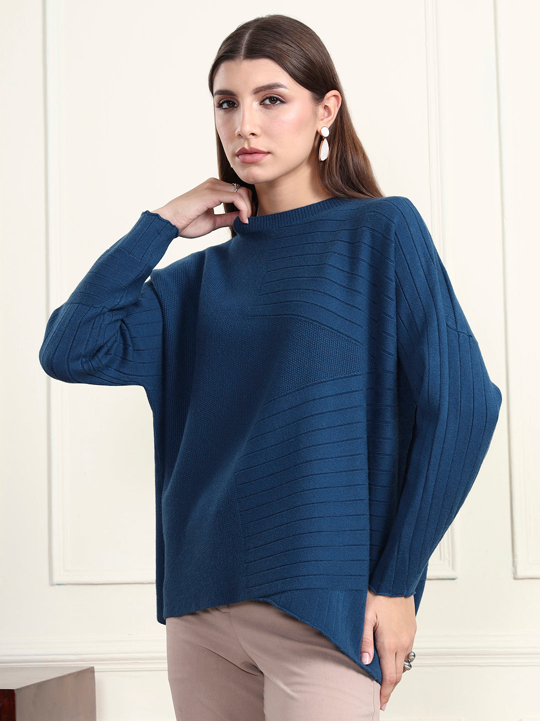 Thirty Threads Winter Wear Teal Abstract Regular Long Sleeves Pullover Sweater