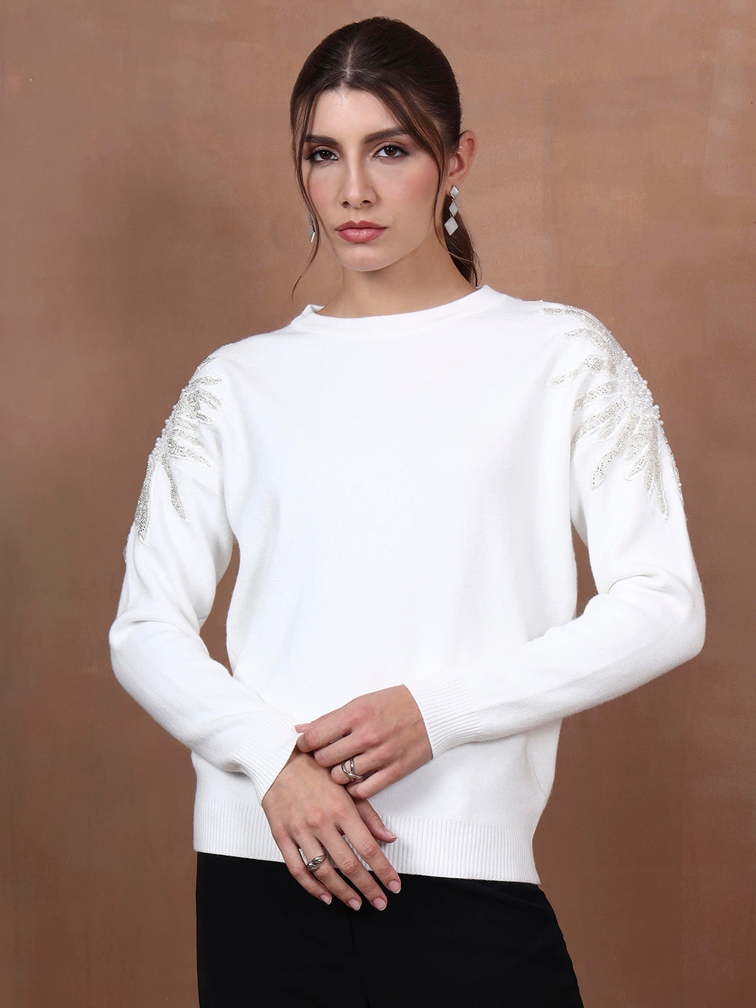 Thirty Threads Winter Wear White Embellished Regular Long Sleeves Pullover Sweater