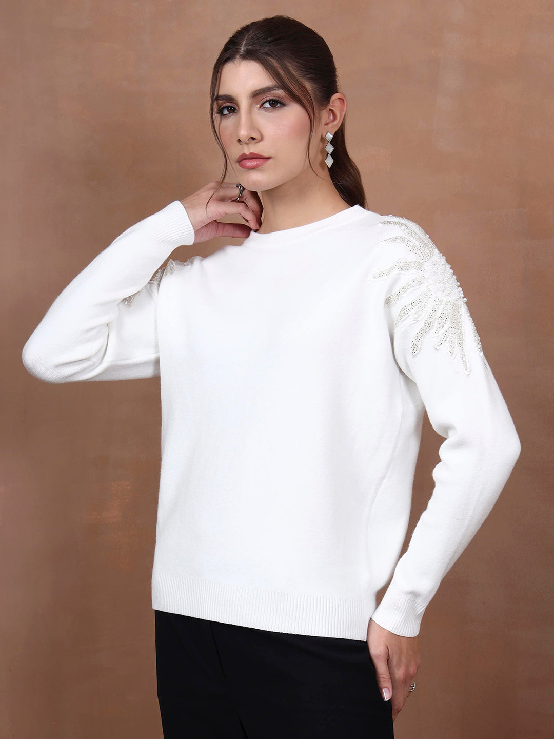 Thirty Threads Winter Wear White Embellished Regular Long Sleeves Pullover Sweater