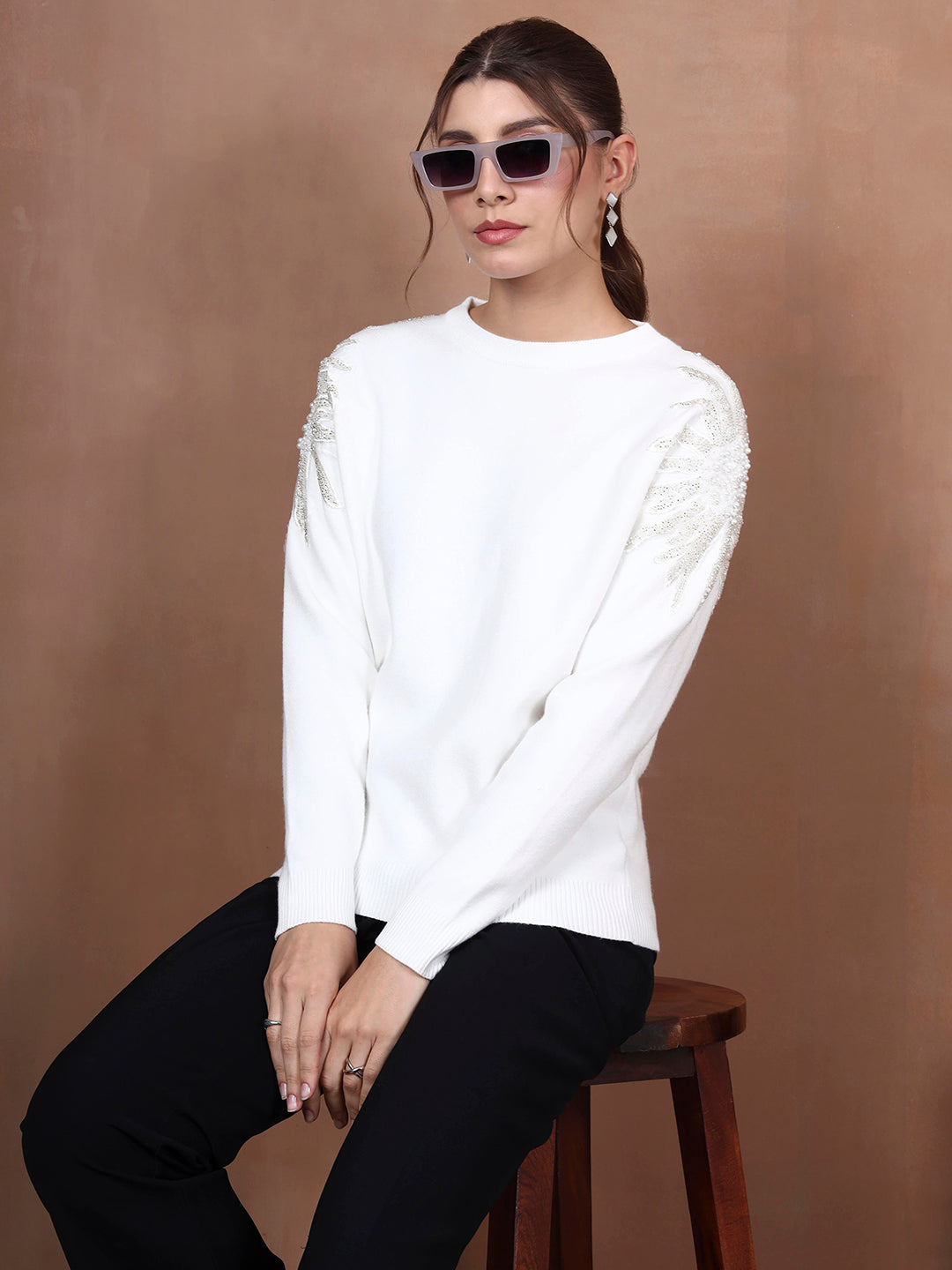 Thirty Threads Winter Wear White Embellished Regular Long Sleeves Pullover Sweater