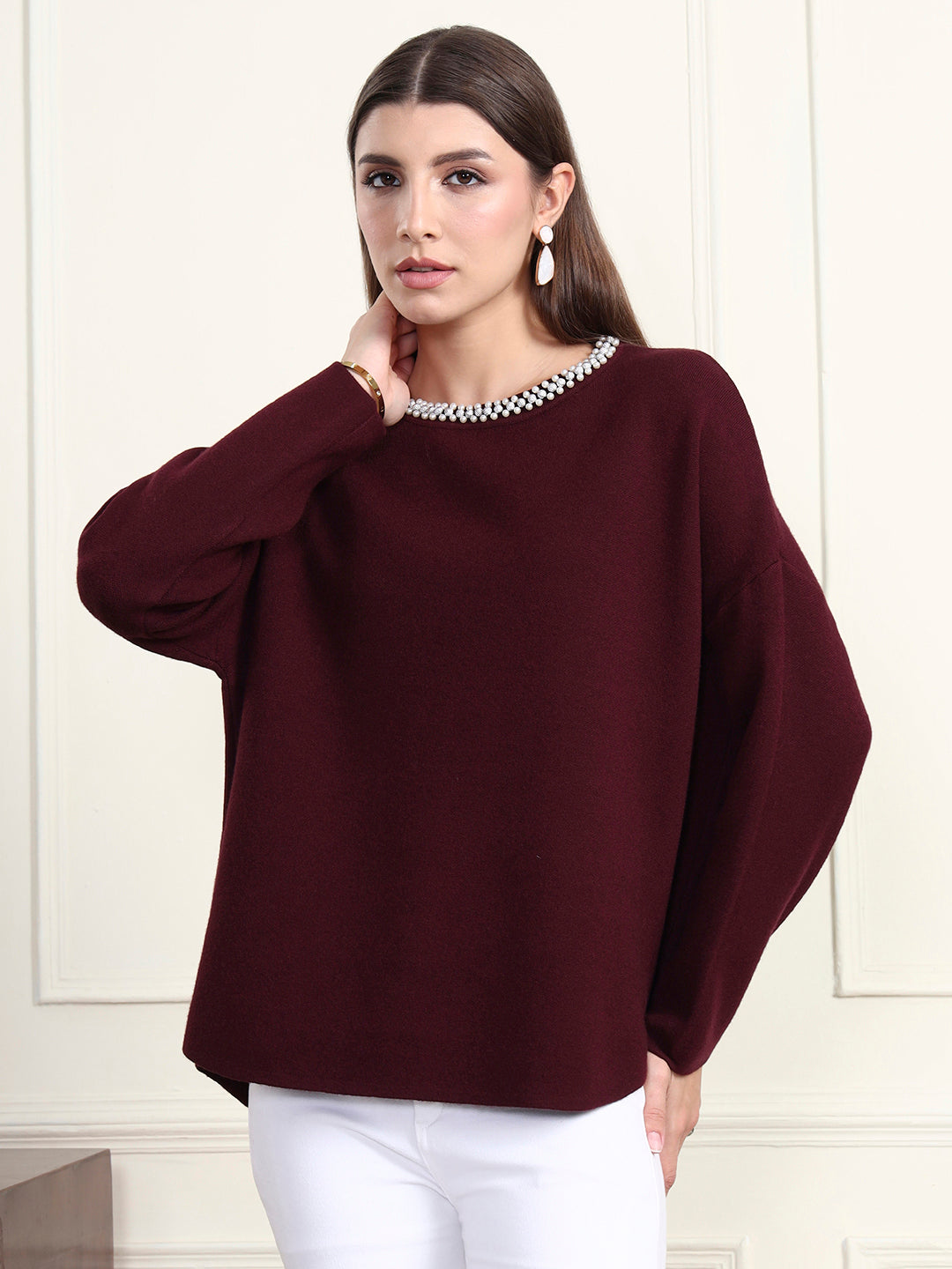 Thirty Threads Winter Wear Maroon Embroidered Regular Long Sleeves Pullover Sweater