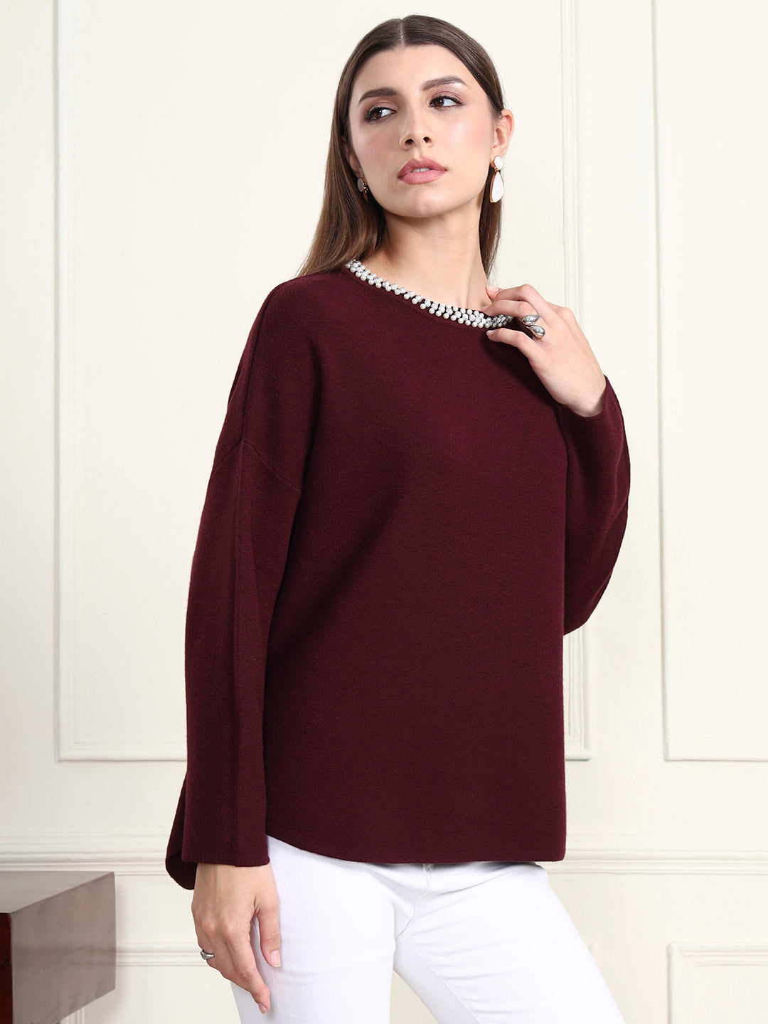 Thirty Threads Winter Wear Maroon Embroidered Regular Long Sleeves Pullover Sweater
