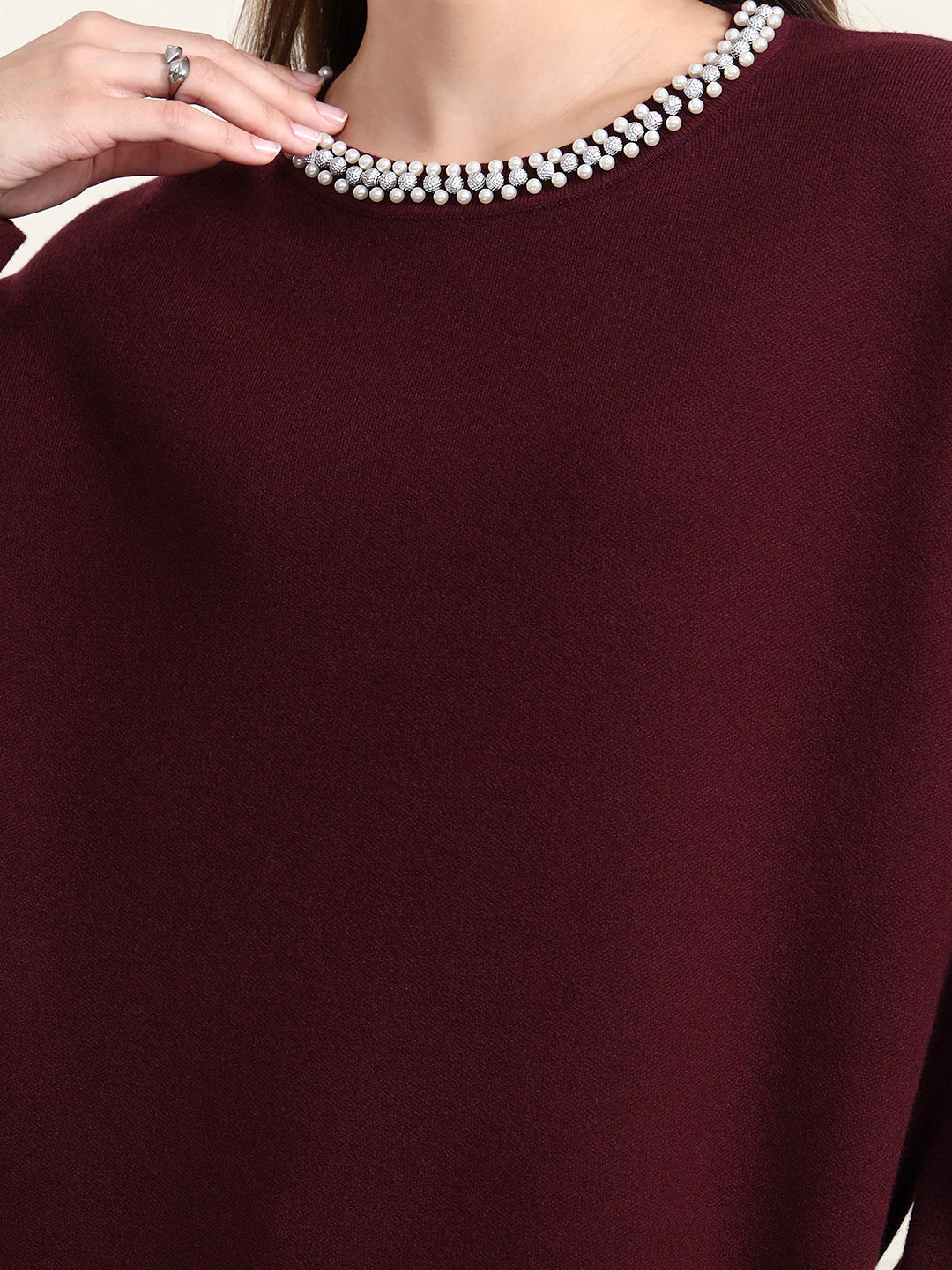 Thirty Threads Winter Wear Maroon Embroidered Regular Long Sleeves Pullover Sweater