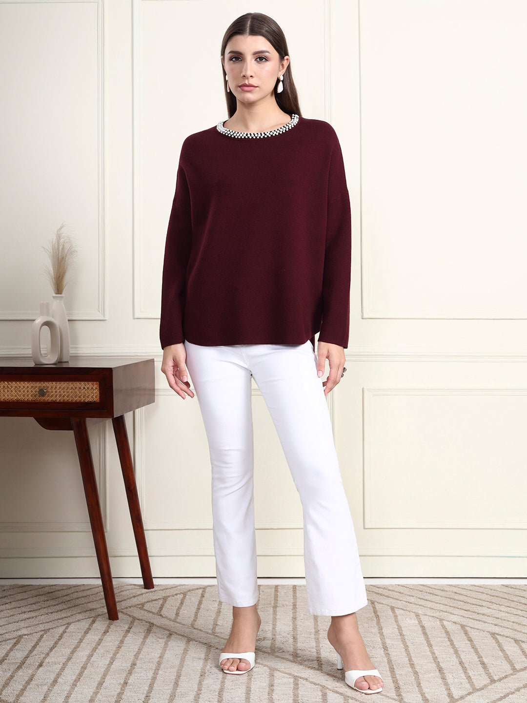 Thirty Threads Winter Wear Maroon Embroidered Regular Long Sleeves Pullover Sweater