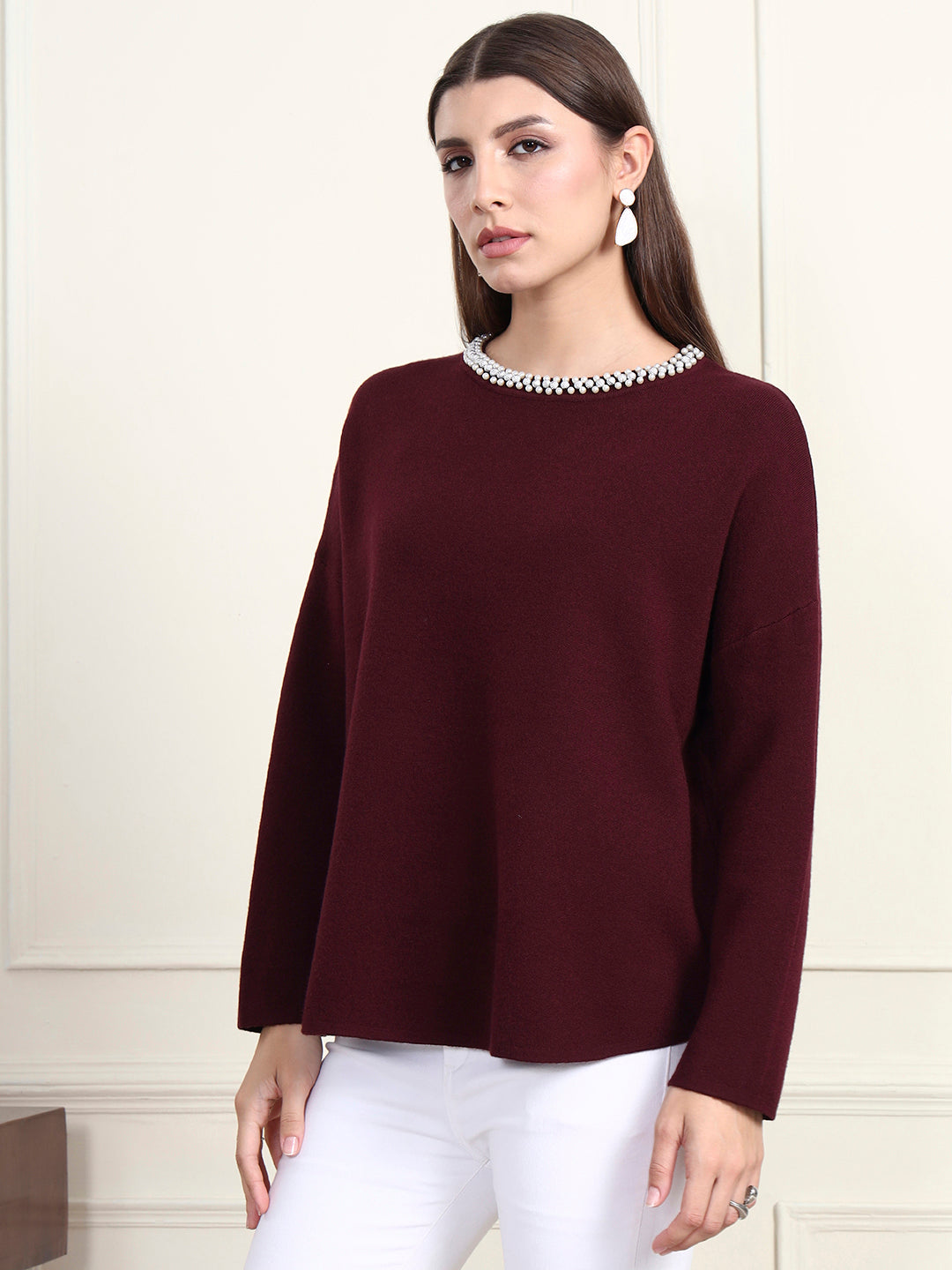 Thirty Threads Winter Wear Maroon Embroidered Regular Long Sleeves Pullover Sweater