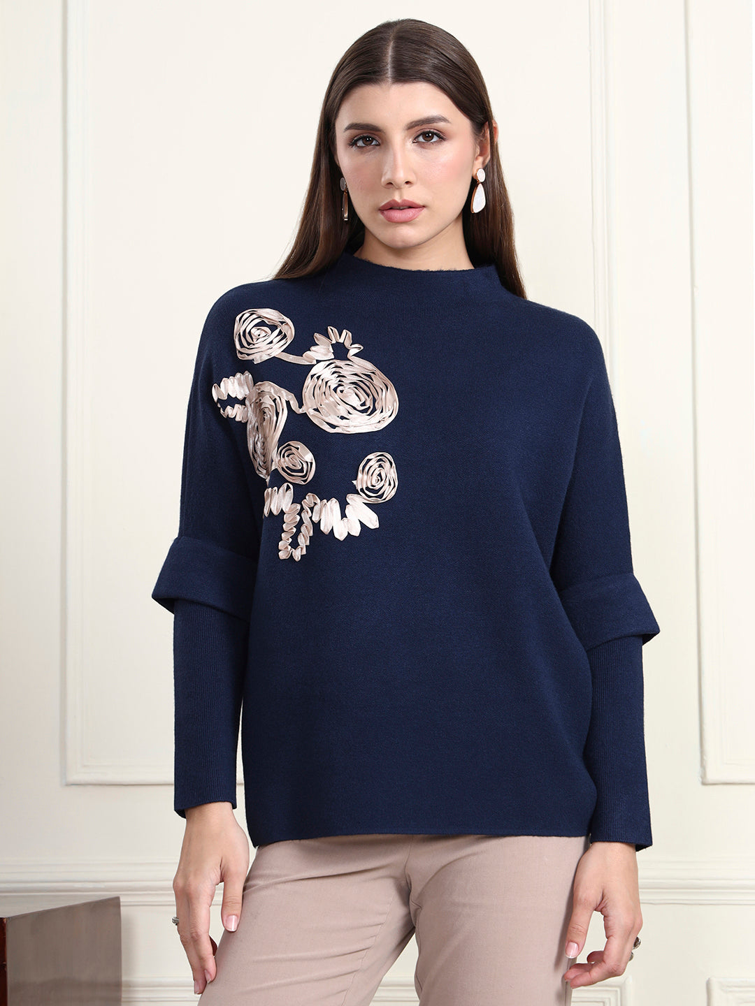 Thirty Threads Winter Wear Navy Blue Embroidered Regular Long Sleeves Pullover Sweater