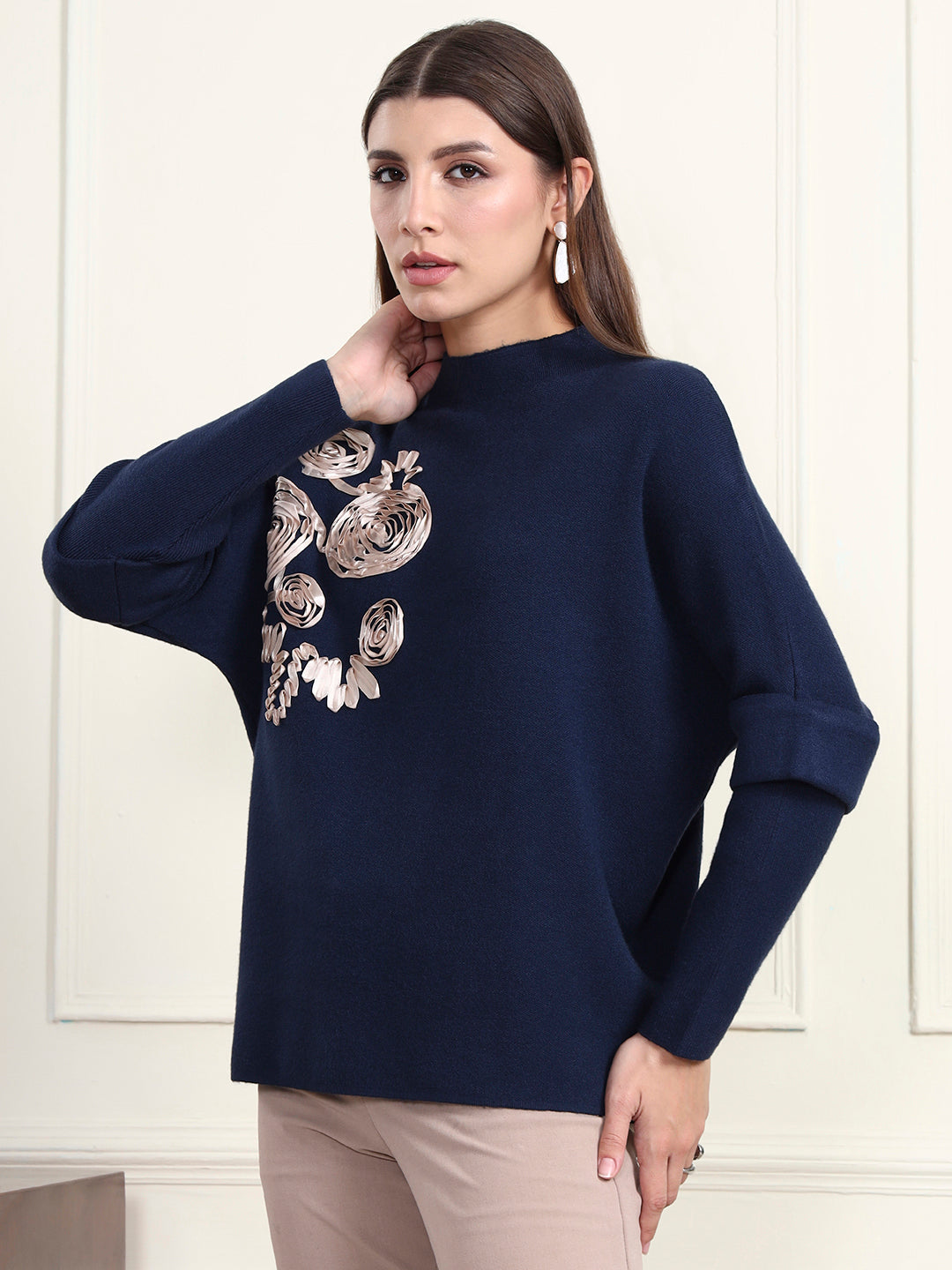 Thirty Threads Winter Wear Navy Blue Embroidered Regular Long Sleeves Pullover Sweater