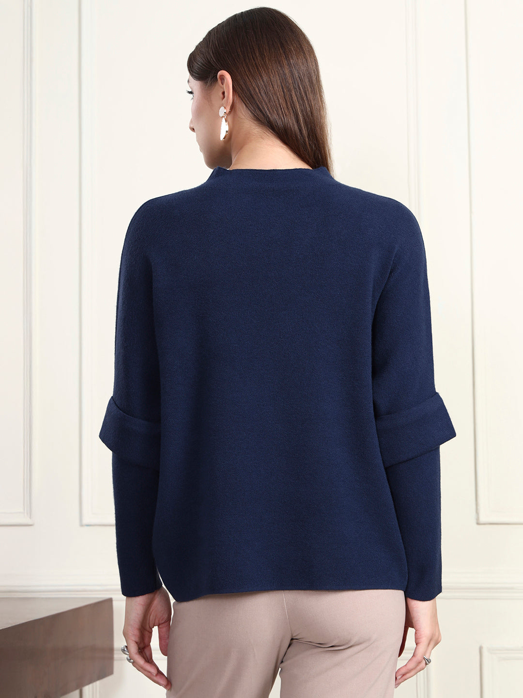 Thirty Threads Winter Wear Navy Blue Embroidered Regular Long Sleeves Pullover Sweater