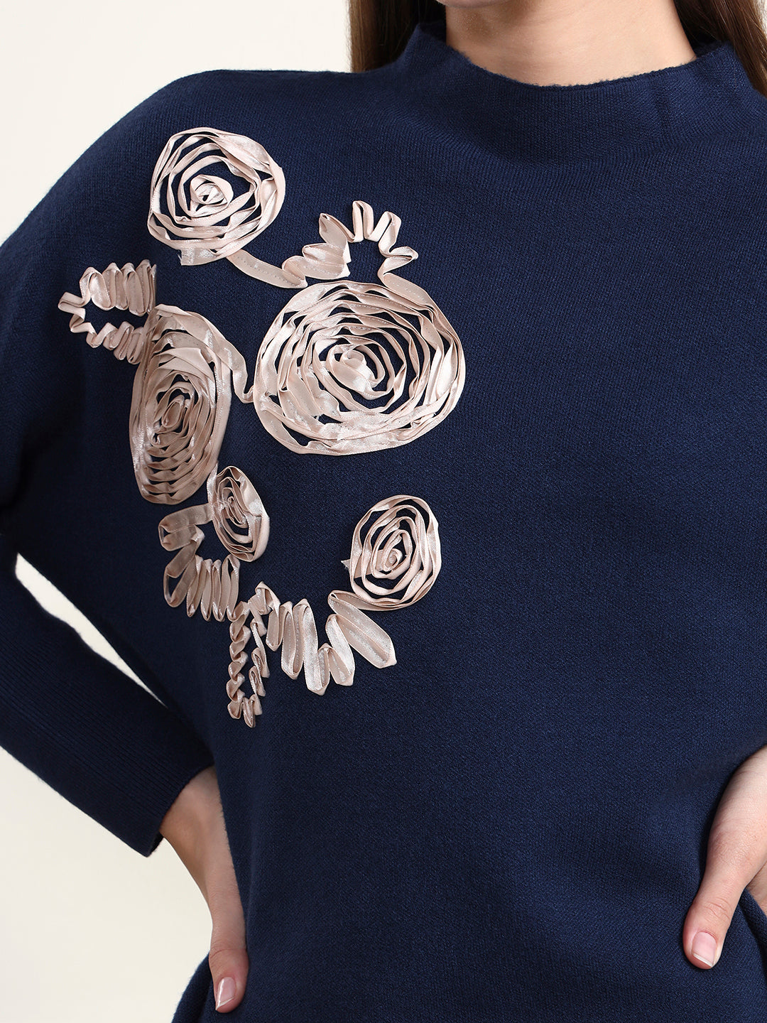 Thirty Threads Winter Wear Navy Blue Embroidered Regular Long Sleeves Pullover Sweater