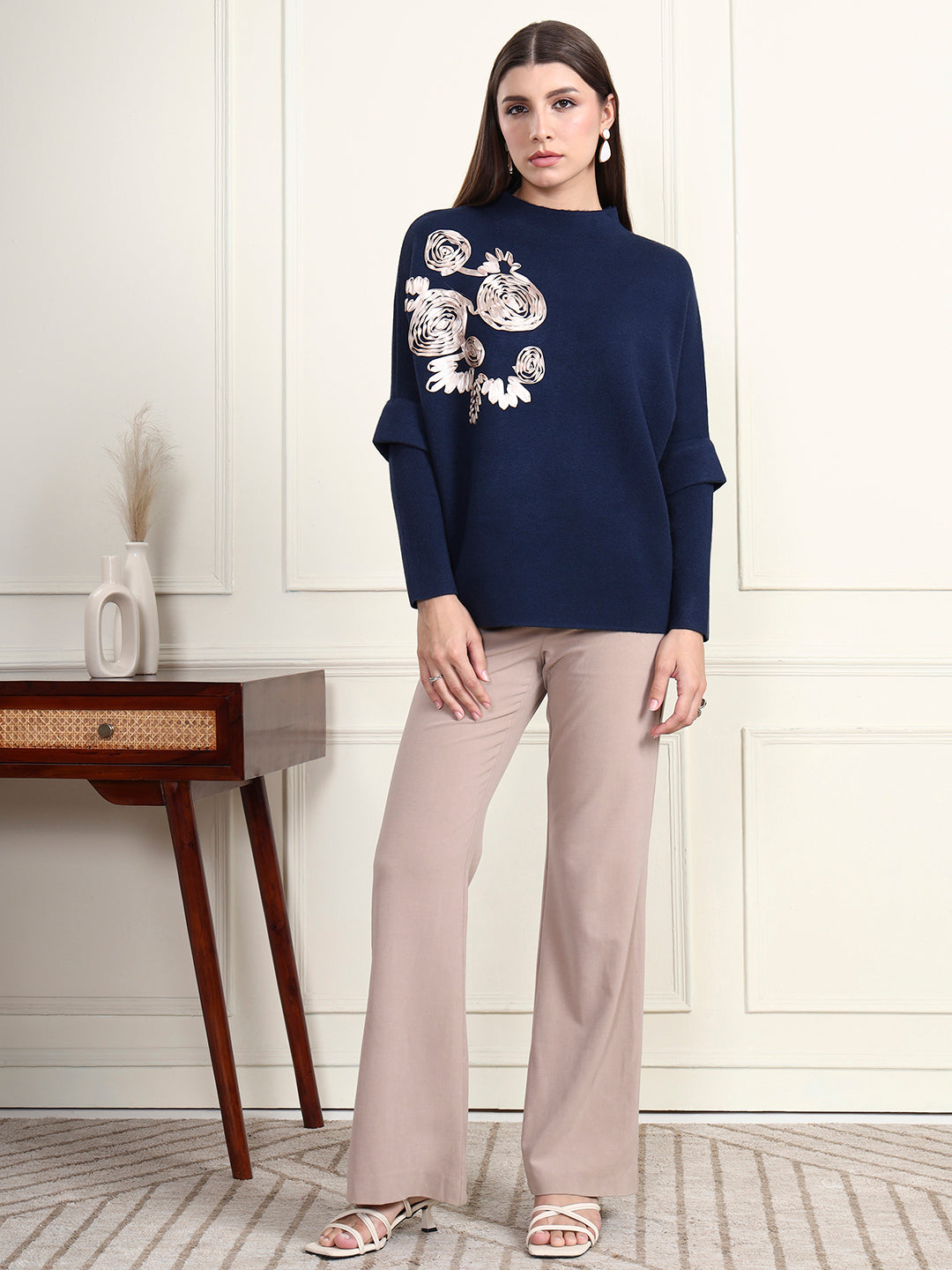 Thirty Threads Winter Wear Navy Blue Embroidered Regular Long Sleeves Pullover Sweater