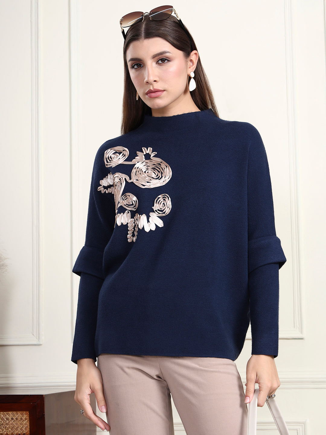 Thirty Threads Winter Wear Navy Blue Embroidered Regular Long Sleeves Pullover Sweater