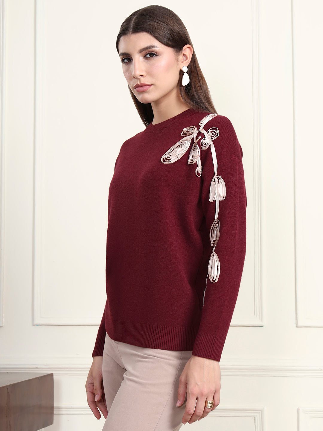 Thirty Threads Winter Wear Maroon Embroidered Regular Long Sleeves Pullover Sweater