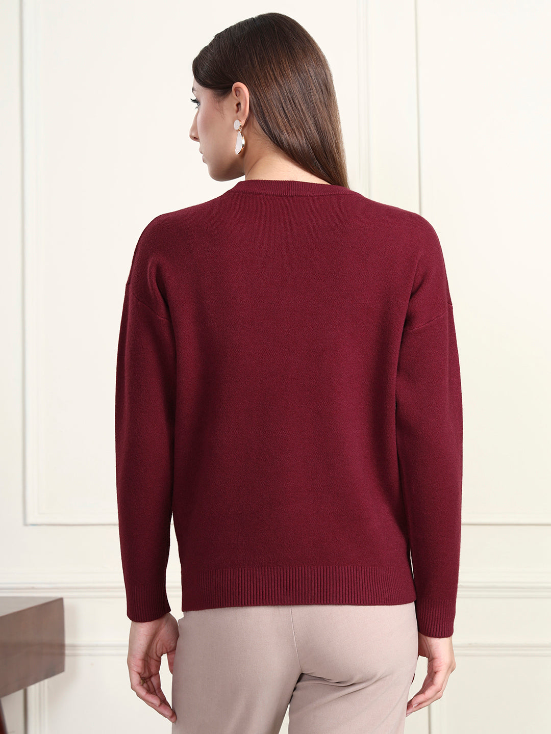 Thirty Threads Winter Wear Maroon Embroidered Regular Long Sleeves Pullover Sweater