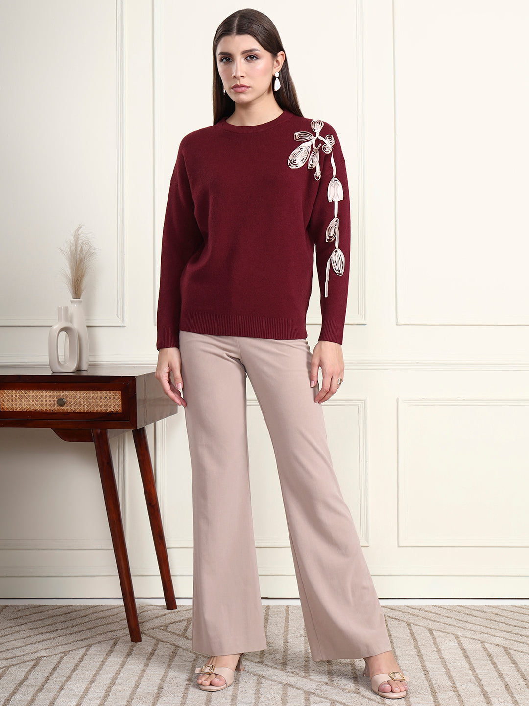 Thirty Threads Winter Wear Maroon Embroidered Regular Long Sleeves Pullover Sweater