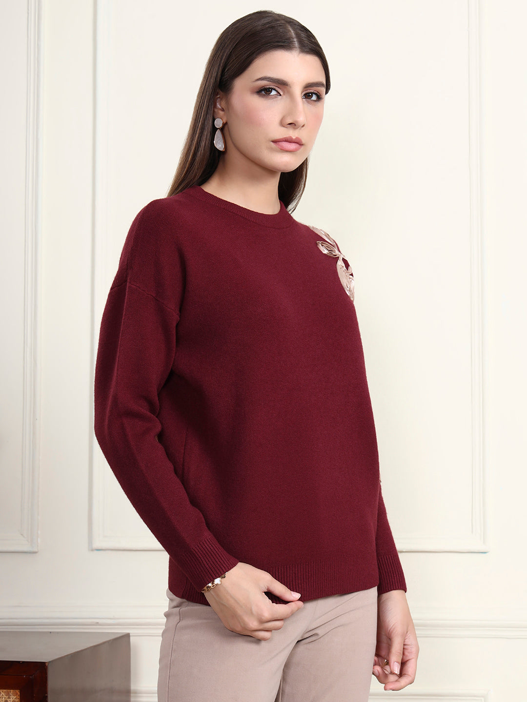 Thirty Threads Winter Wear Maroon Embroidered Regular Long Sleeves Pullover Sweater
