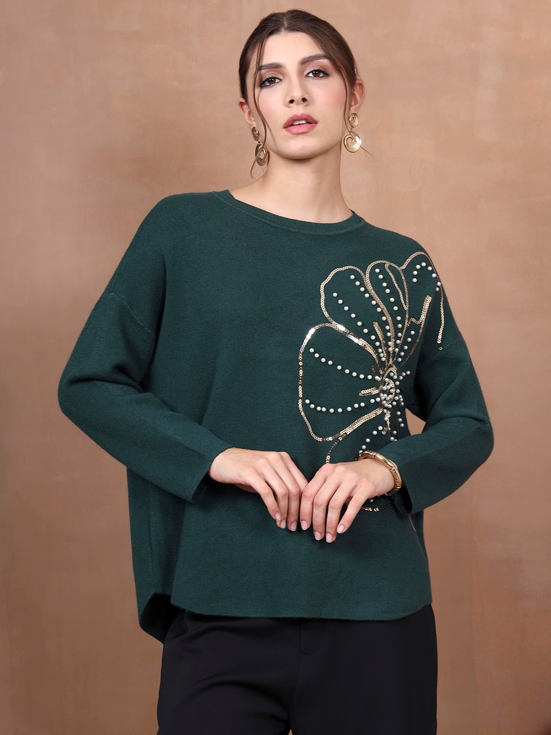 Thirty Threads Winter Wear Green Embellished Regular Long Sleeves Pullover Sweater