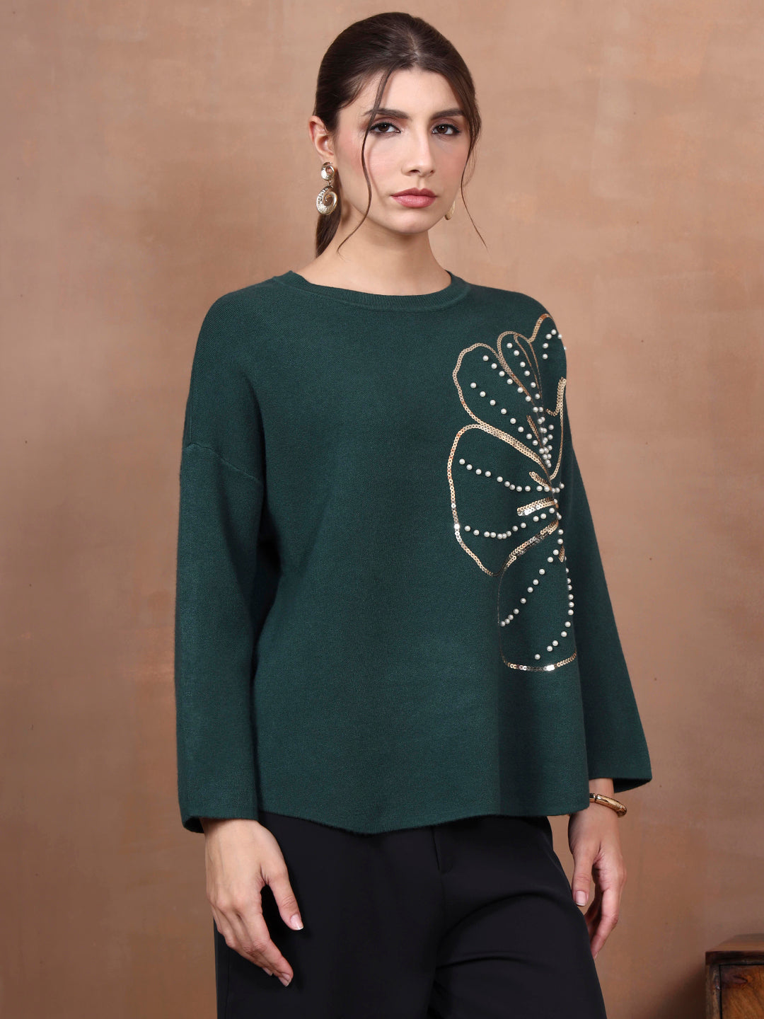 Thirty Threads Winter Wear Green Embellished Regular Long Sleeves Pullover Sweater