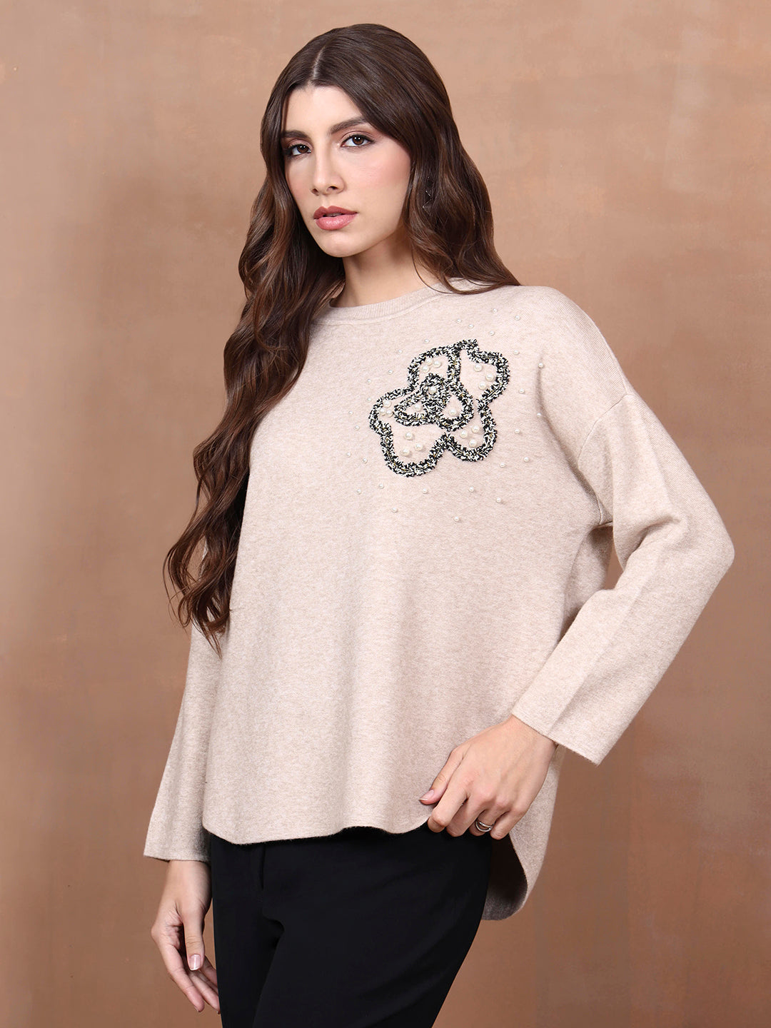 Thirty Threads Winter Wear Beige Embroidered Regular Long Sleeves Pullover Sweater