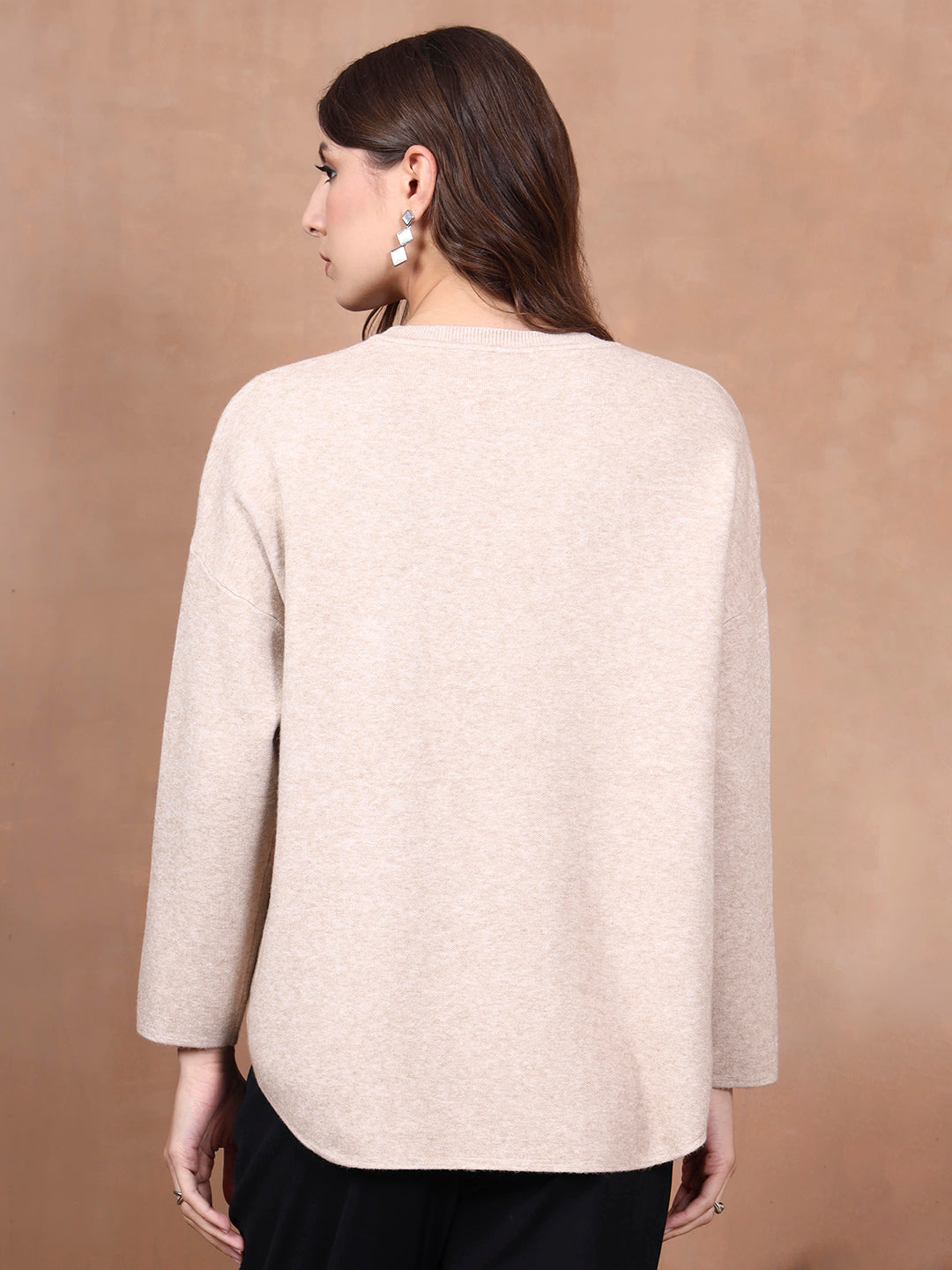 Thirty Threads Winter Wear Beige Embroidered Regular Long Sleeves Pullover Sweater