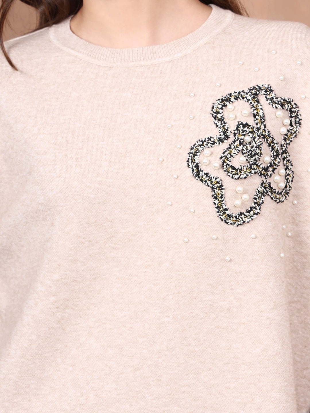 Thirty Threads Winter Wear Beige Embroidered Regular Long Sleeves Pullover Sweater