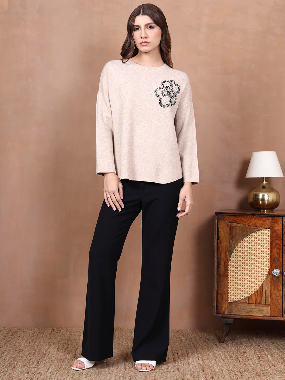 Thirty Threads Winter Wear Beige Embroidered Regular Long Sleeves Pullover Sweater
