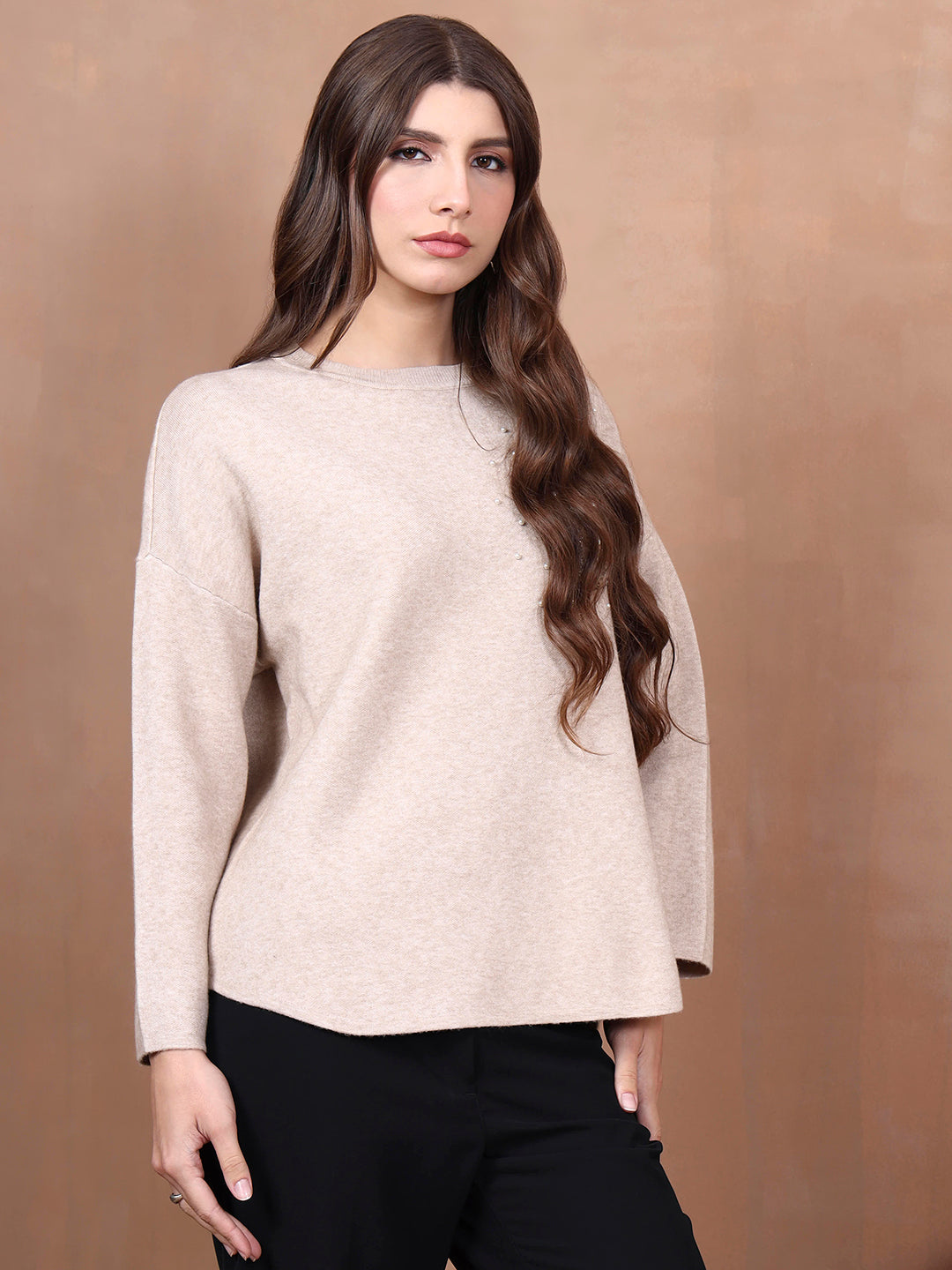 Thirty Threads Winter Wear Beige Embroidered Regular Long Sleeves Pullover Sweater