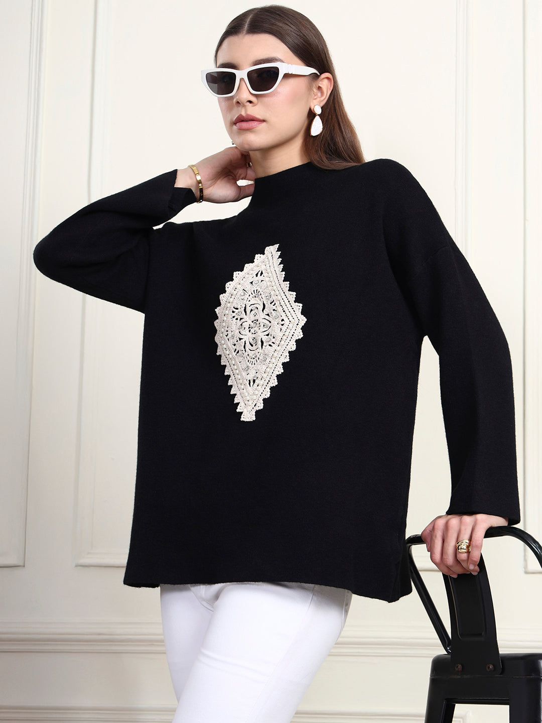Thirty Threads Winter Wear Black Embroidered Regular Long Sleeves Pullover Sweater