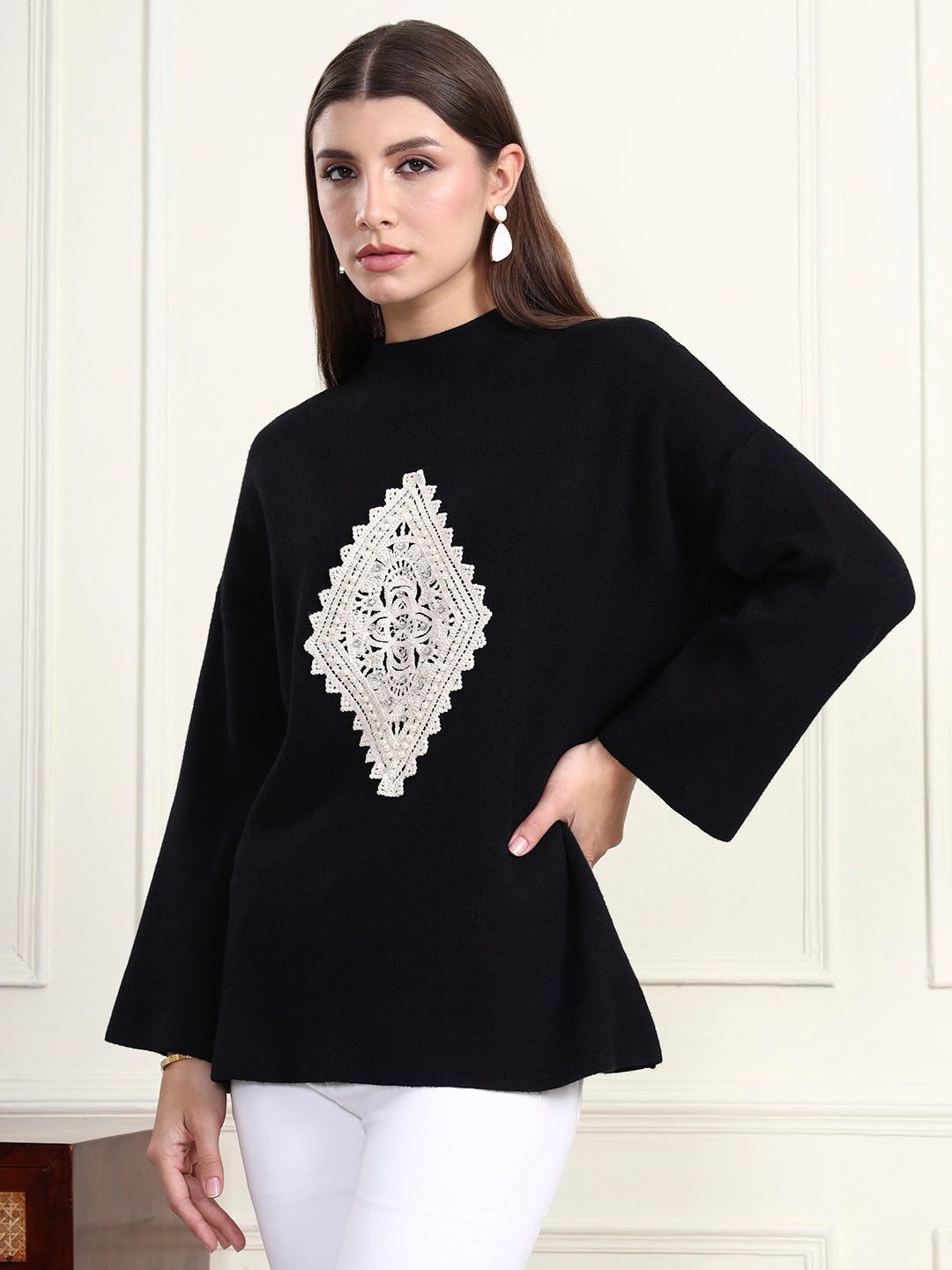 Thirty Threads Winter Wear Black Embroidered Regular Long Sleeves Pullover Sweater