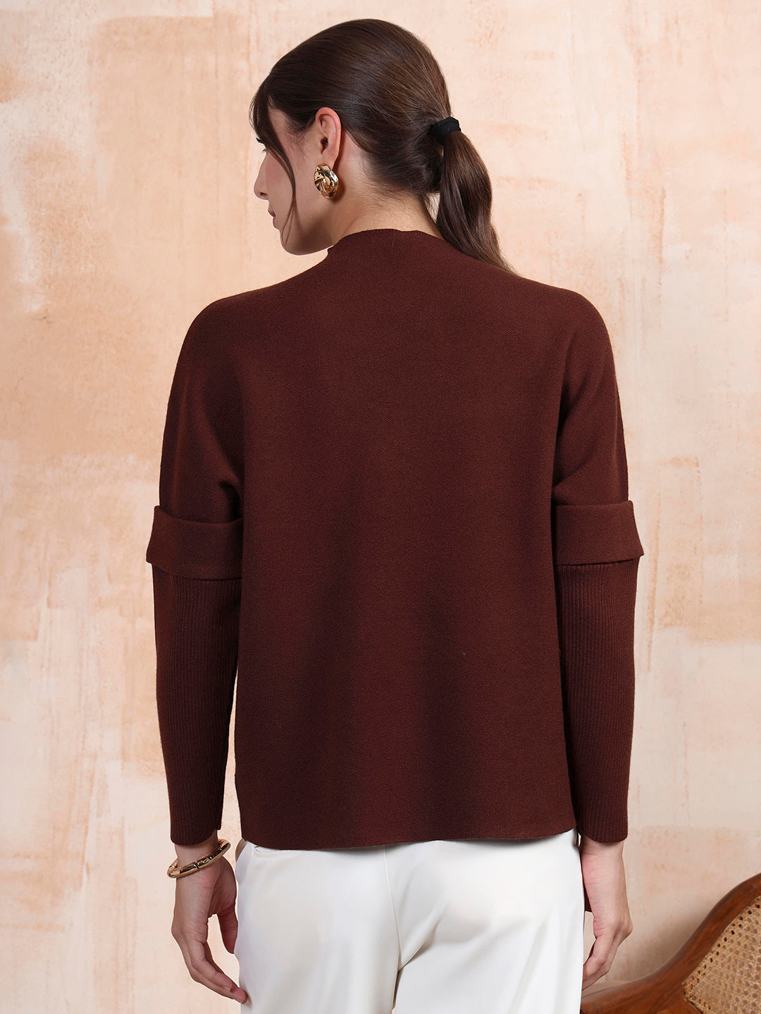 Thirty Threads Winter Wear Wine Embellished Regular Long Sleeves Pullover Sweater