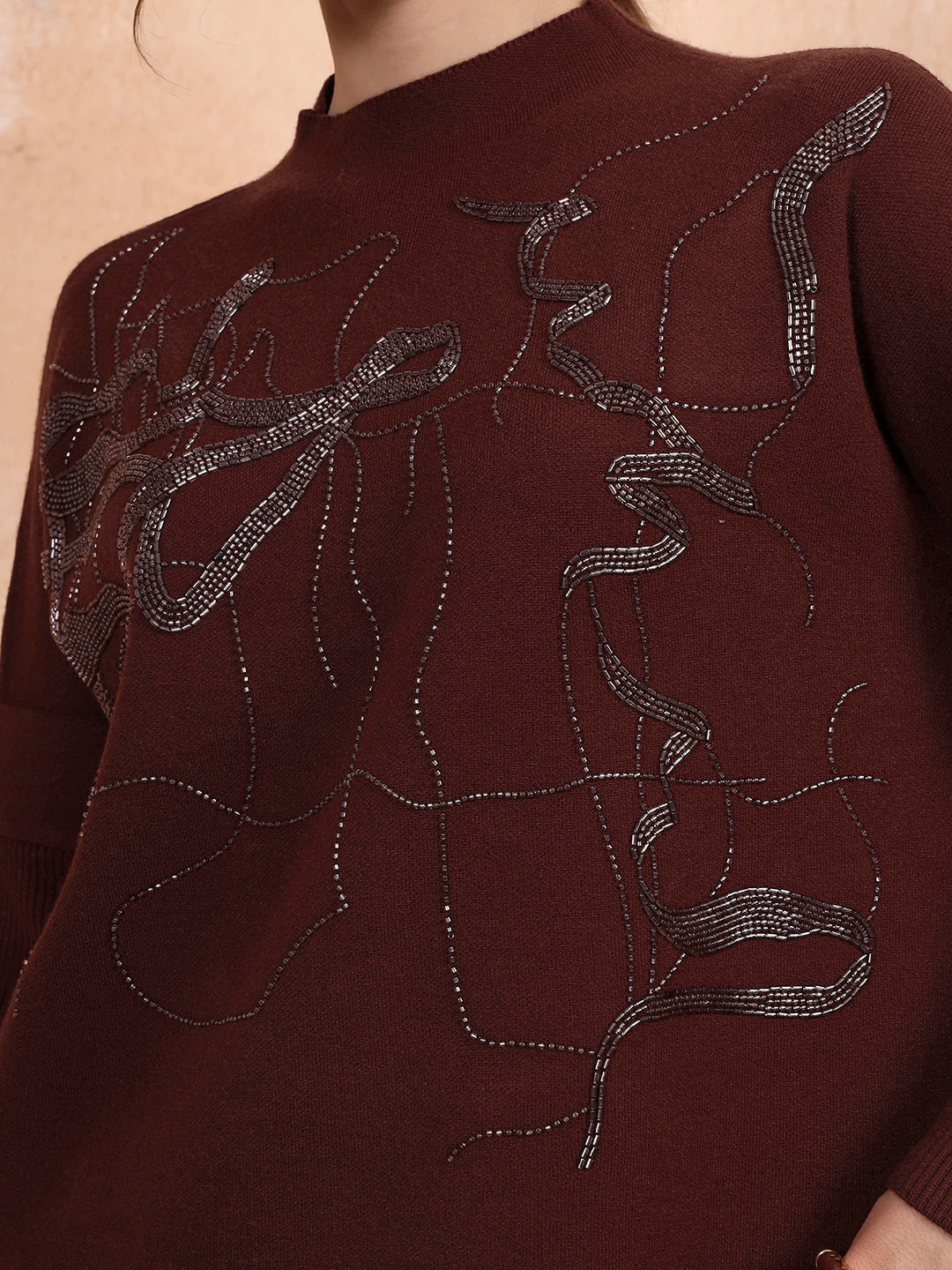 Thirty Threads Winter Wear Wine Embellished Regular Long Sleeves Pullover Sweater