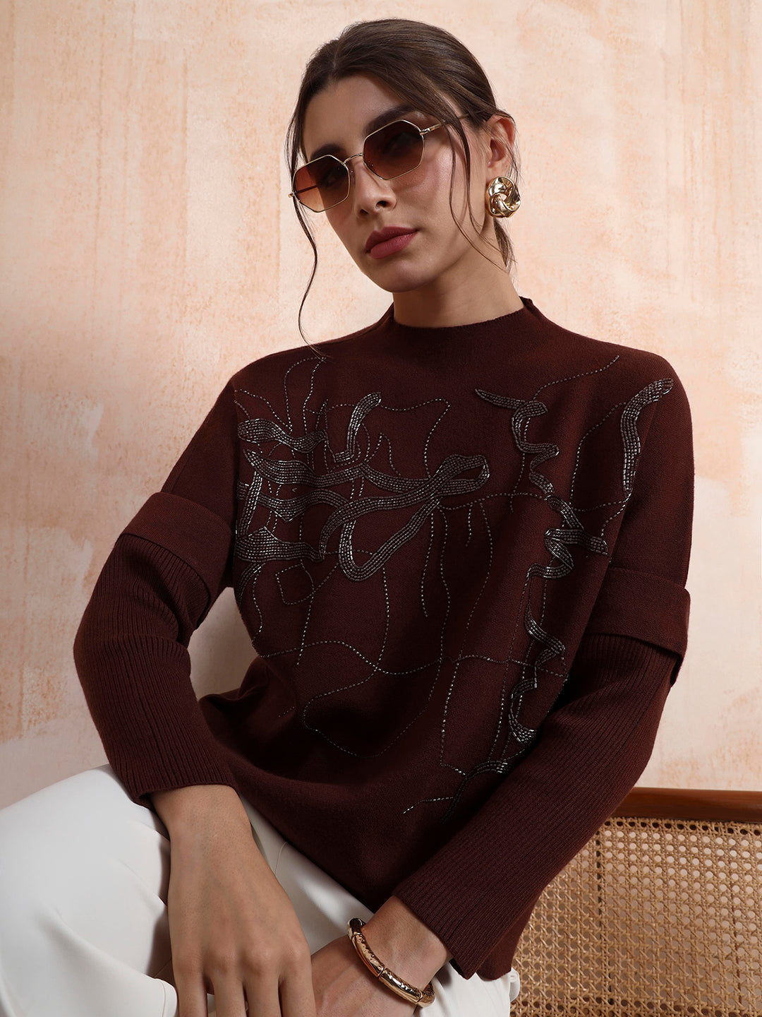 Thirty Threads Winter Wear Wine Embellished Regular Long Sleeves Pullover Sweater